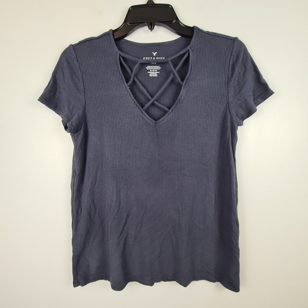 American Eagle Soft &‎ Sexy Ribbed V-Neck Strappy Lattice Tee Gray Medium